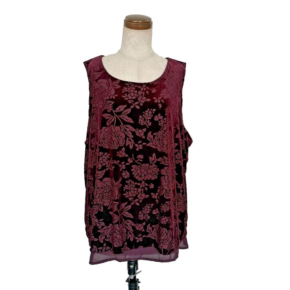 Ann Taylor Velvet Burnout Floral Top Burgundy Women’s Size XL Sleeveless Boho